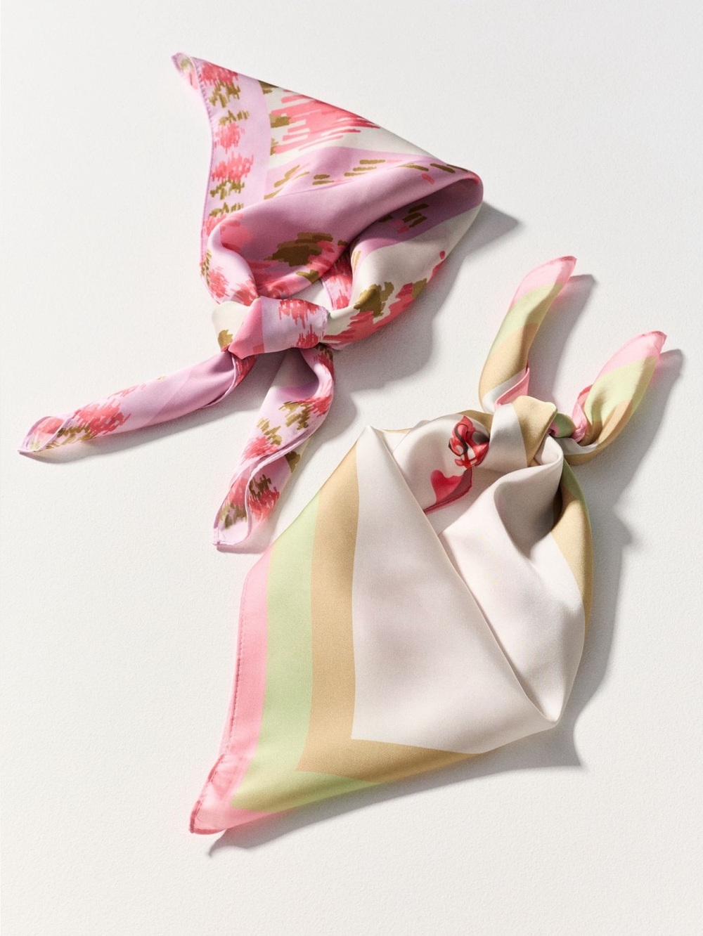 Anthropologie Silky Scarves Bag Head Hair Scarf New Set of 2 Green Pink Floral